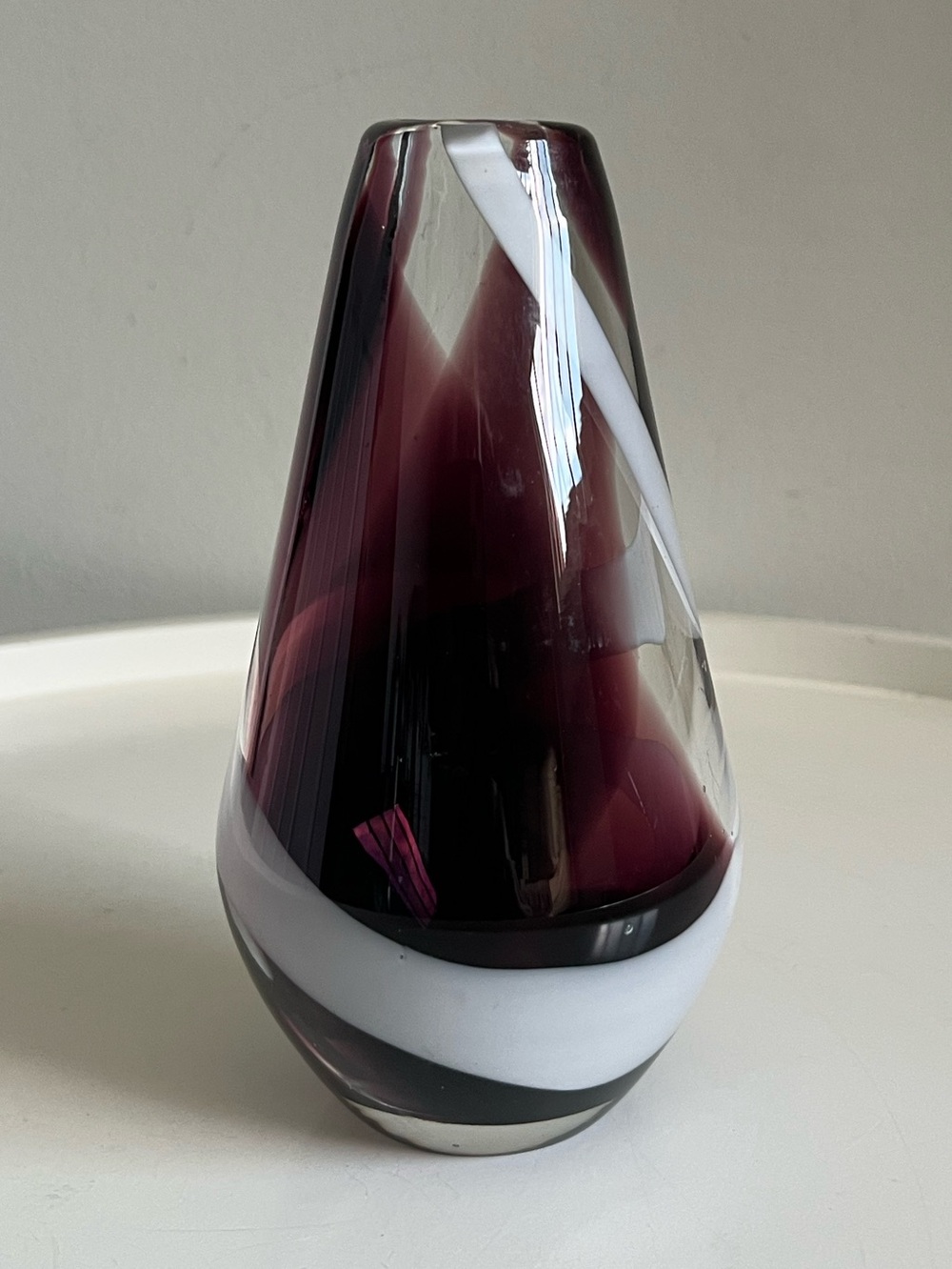 Vintage Hand-Blown Art Glass Bud Vase Amethyst Purple With Striking White Swirl